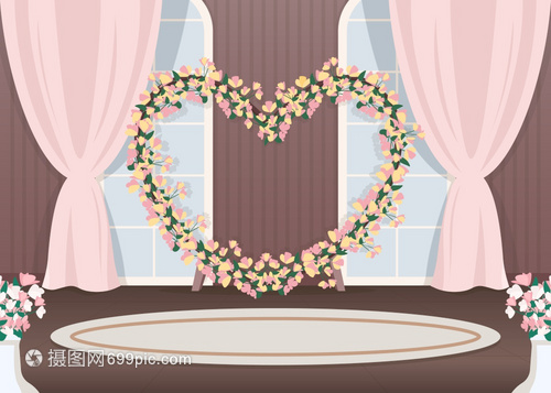 婚介服務(wù)2D卡通背景?；榻閺d光區(qū)平面彩色矢量插圖